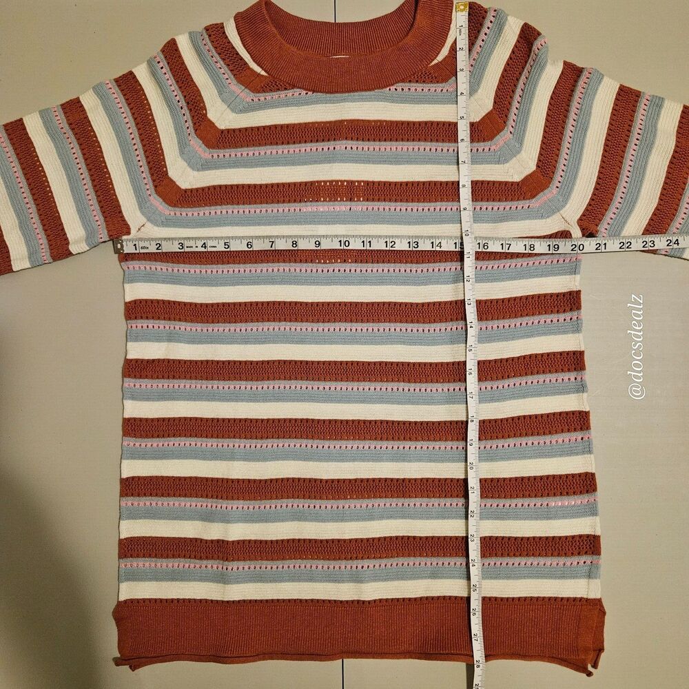 Market & Spruce Sweater Striped Eyelet Orange, Blue, White Women's Large - Picture 3 of 6